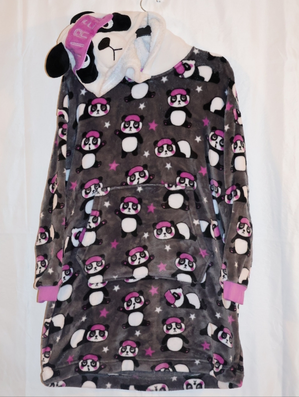Holiday Time Plush Panda Lounger With Hood-Gray, Pink, & Black. Medium (8-10).